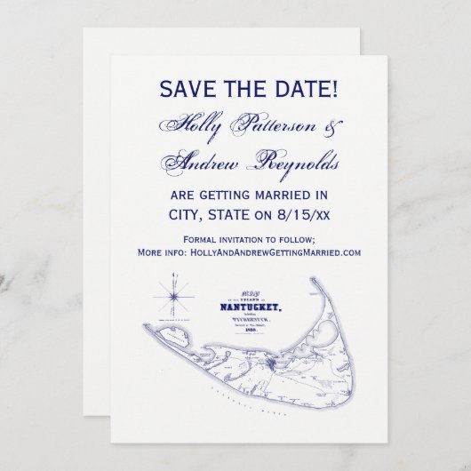ナンタケット島 MA ヴィンテージ マップ ネイビー ブルー 招待状 (正面/裏面)