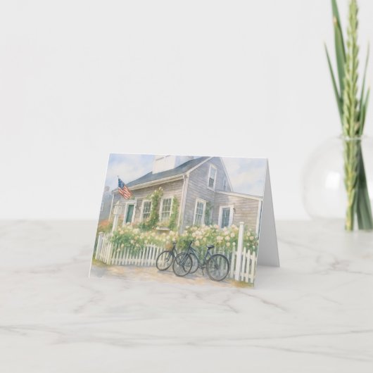 ナンタケット水彩花のある沿岸コテージ サンキューカード (正面)