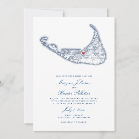 ナンタケット MA 地図 エレガント ネイビーブルー ウェディング 招待状 (正面)