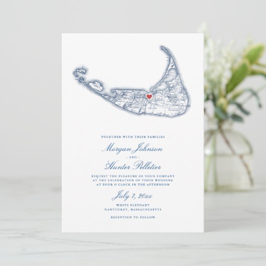 ナンタケットMAマップエレガントネイビーブルー結婚ズ 招待状 (スタンド正面)