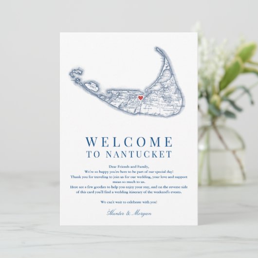 ナンタケットMA結婚のウェルカム旅程ネイビーブルー サンキューカード (スタンド正面)