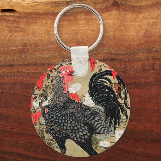 ナンディーナアンドルースターイラストレーションby伊藤若冲 キーホルダー (正面)