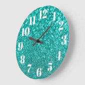 ナンバーズモダンスフェイクスパークリーティール(緑がかった色)グリッター写真 ラージ壁時計 (傾斜)