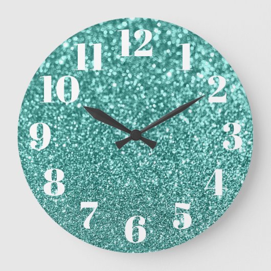 ナンバーズモダンスフェイクスパークリーティール(緑がかった色)グリッター写真 ラージ壁時計 (正面)