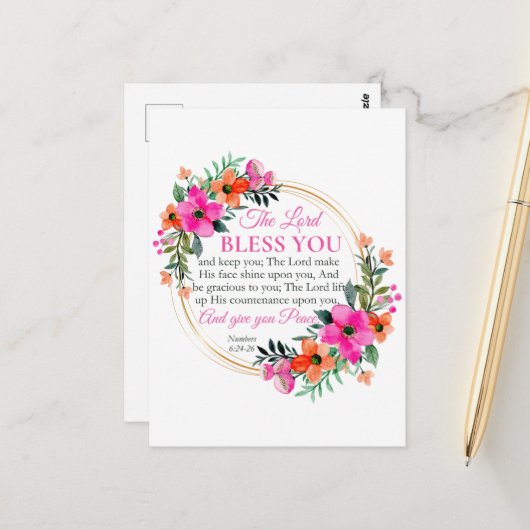 ナンバーズ6:24-26ピンクフローラリースクリスチャン ポストカード (正面/裏面インサイチュ)