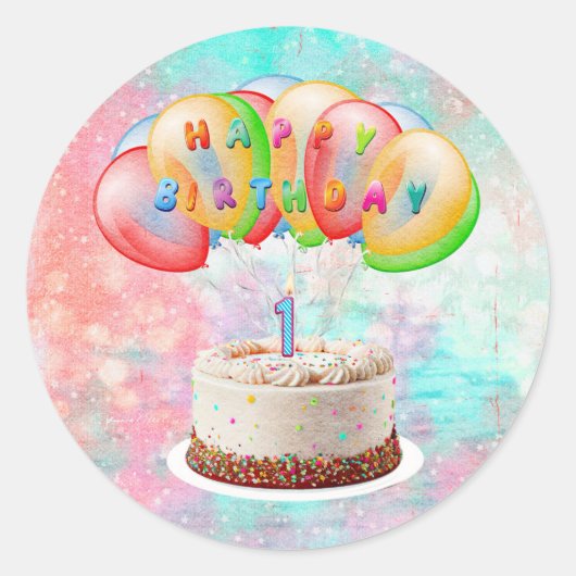 ナンバーワンキャンドルオンケーキ，ハッピーバースデーカラフル, ラウンドシール (正面)