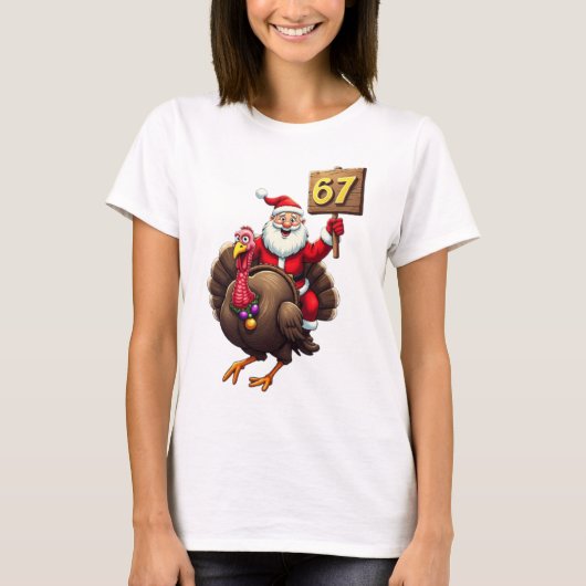🎅🦃 ナンバー67のターキーに乗るサンタが面白い Tシャツ (正面)