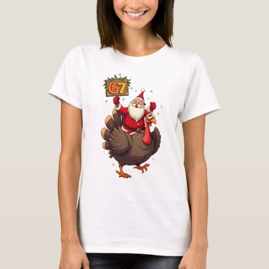 🎅🦃 ナンバー67の七面鳥に乗るサンタが面白い Tシャツ (正面)
