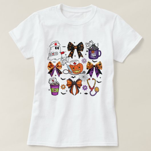 ナースおもしろい聴診器ナースカボチャスカル恋人 Tシャツ (デザイン正面)