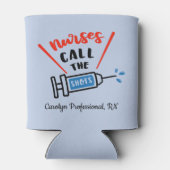 ナースがショットを呼ユーモアのあるび出すパーソナライズされた 缶クーラー (裏面)