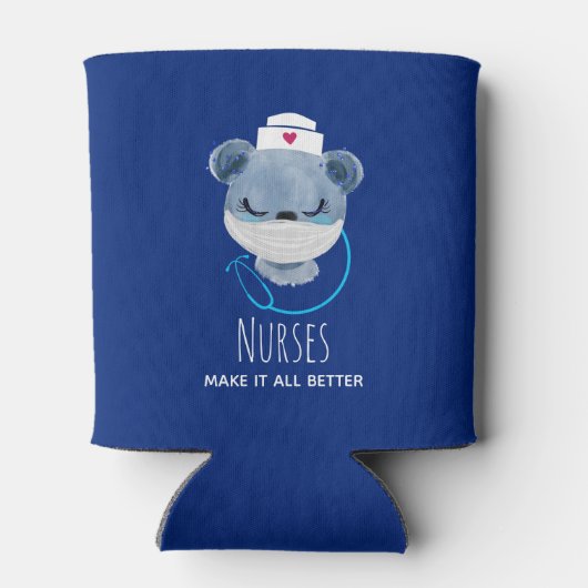 ナースがマスクされたクマのイラストレーションを向上 缶クーラー (裏面)