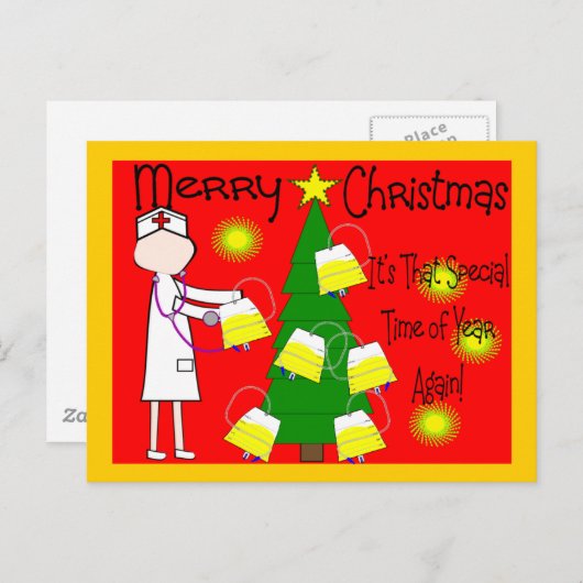 ナースとおもしろいねじれたクリスマスユーモア シーズンポストカード (正面/裏面)