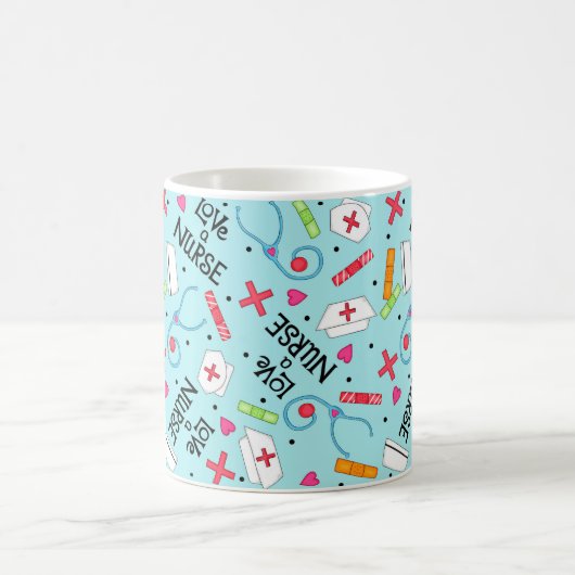ナースのデザインのナースの芸術の青緑を愛して下さい コーヒーマグカップ (中央)