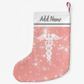 ナースの医学のケリュケイオンの赤面のピンクのフェイクなグリッター スモールクリスマスストッキング (裏面)