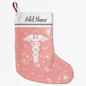 ナースの医学のケリュケイオンの赤面のピンクのフェイクなグリッター スモールクリスマスストッキング (正面)
