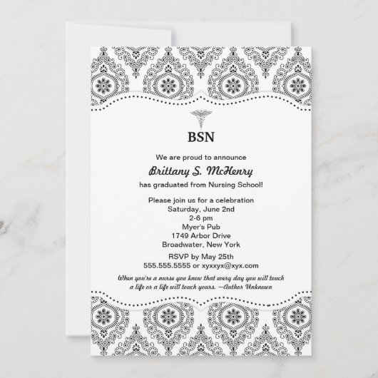 ナースの卒業のモダンなダマスク織BSN RN LPNは等できます 招待状 (正面)