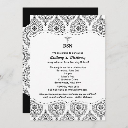 ナースの卒業のモダンなダマスク織BSN RN LPNは等できます 招待状 (正面/裏面)