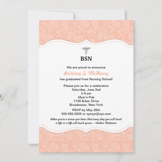 ナースの卒業の珊瑚のダマスク織BSN RN LPNは等できます 招待状 (正面)