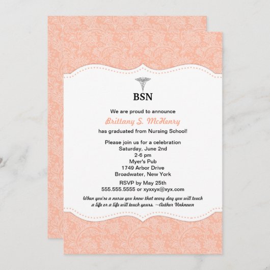 ナースの卒業の珊瑚のダマスク織BSN RN LPNは等できます 招待状 (正面/裏面)