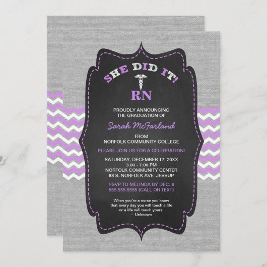 ナースの卒業招待状、ラベンダーグレーの黒板 招待状 (正面/裏面)