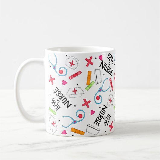 ナースの芸術のカラフルで白い一流のパーソナライズの愛して下さい コーヒーマグカップ (左)
