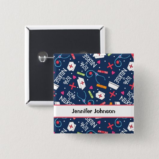 ナースの芸術の濃紺の名前のパーソナライズなバッジを愛して下さい 缶バッジ (正面&裏面)