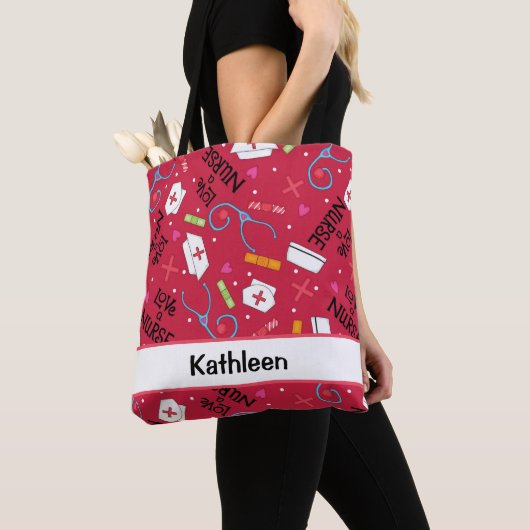ナースの芸術の赤い一流のパーソナライズの愛して下さい トートバッグ (クローズアップ)