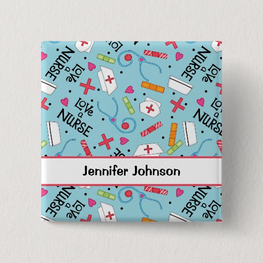 ナースの芸術の青緑の名前入りの記章を愛して下さい 缶バッジ (正面)