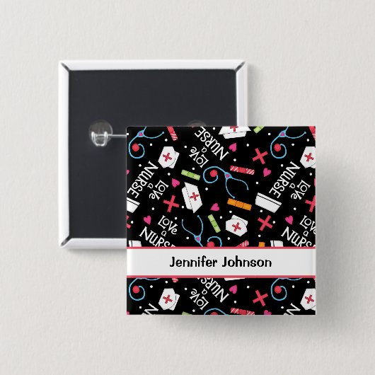 ナースの芸術の黒の名前パーソナライズなPinのバッジを愛して下さい 缶バッジ (正面&裏面)