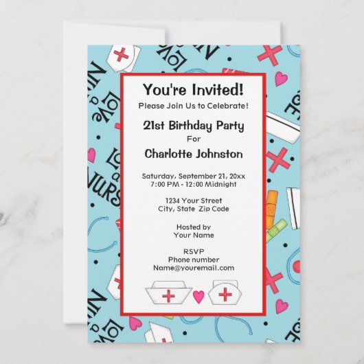 ナースの誕生会のお祝いの青緑 招待状 (裏面)