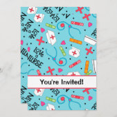 ナースの誕生会のお祝いの青緑 招待状 (正面/裏面)