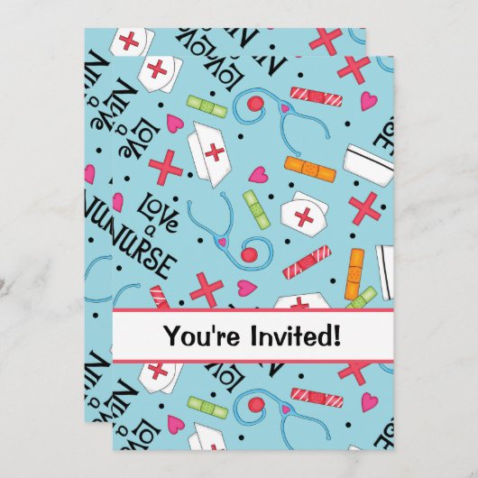 ナースの誕生会のお祝いの青緑 招待状 (正面/裏面)
