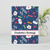 ナースの退職パーティーのお祝いの濃紺の白 招待状 (スタンド正面)