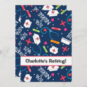 ナースの退職パーティーのお祝いの濃紺の白 招待状 (正面/裏面)