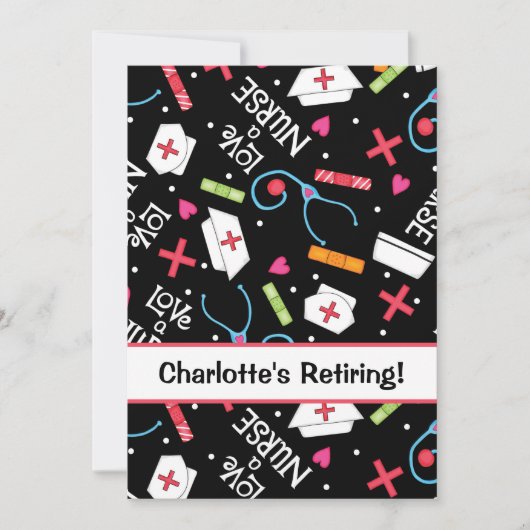 ナースの退職パーティーのお祝いの白黒 招待状 (正面)