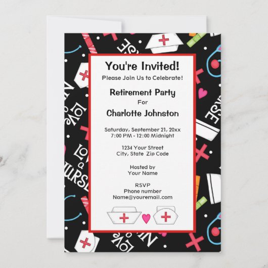 ナースの退職パーティーのお祝いの白黒 招待状 (裏面)