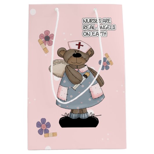 ナースはエンジェル実在ズ可愛いテディベア名前をカスタムする ミディアムペーパーバッグ (正面)