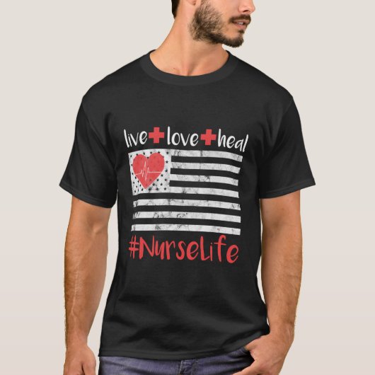 ナースアメリカ国旗ライブラブヒール引用文看護L Tシャツ (正面)