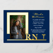 ナースエレガントRNカドゥセウス写真卒業ブルー 箔招待状 (正面)