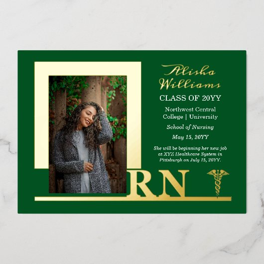 ナースエレガントRNカドゥセウス写真大学院グリーン 箔招待状 (正面)