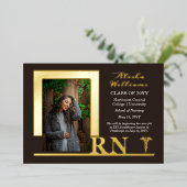 ナースエレガントRNカドゥセウス写真大学院ブラウン 箔招待状 (立ち正面)