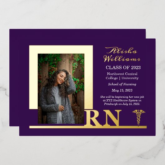 ナースエレガントRNカドゥセウス写真院紫 箔招待状 (正面/裏面)