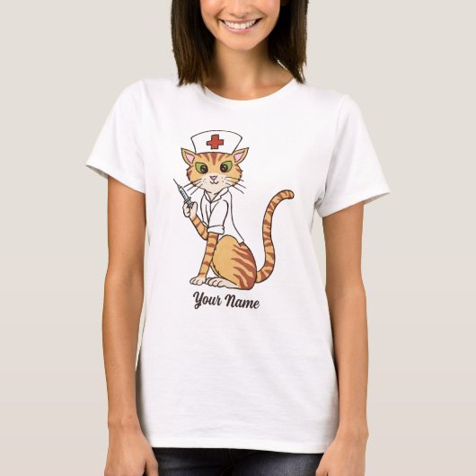 ナースキャットジンジャー虎猫ナース猫好き Tシャツ (正面)