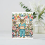 ナースキャット誕生日パーティー ケーキ 花 風船 ポストカード (スタンド正面)