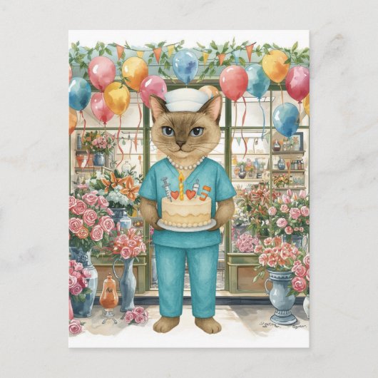 ナースキャット誕生日パーティー ケーキ 花 風船 ポストカード (正面)