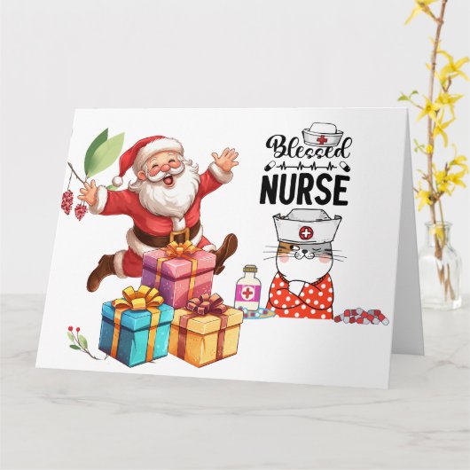 ナースクリスマスとサンタクロースおもしろい カード (黄色い花)