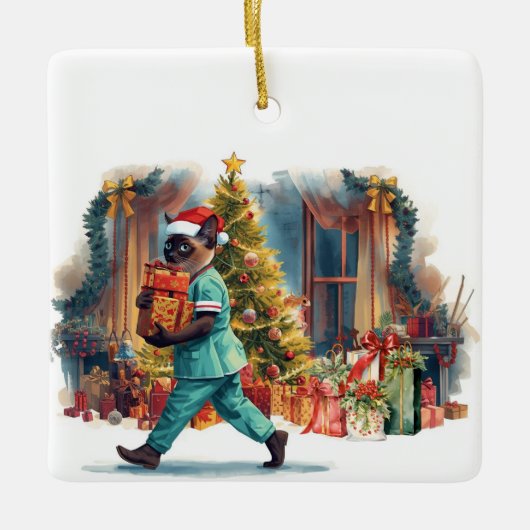 ナースクリスマスの仕事場での時間 セラミックオーナメント (正面)