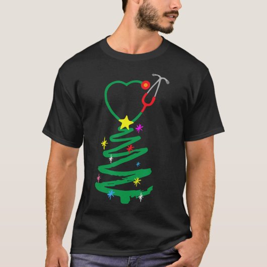 ナースクリスマスツリー聴診器ナースクリスマススクラブ Tシャツ (正面)