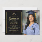 ナーススクール卒業式カドゥセウム金ゴールドフレームブラック 招待状 (正面)