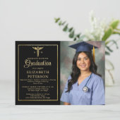 ナーススクール卒業式カドゥセウム金ゴールドフレームブラック 招待状 (スタンド正面)